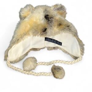 American Eagle Neutral Brown Cream Faux Fur Earflap Trapper Hat Bear Ears PomPom